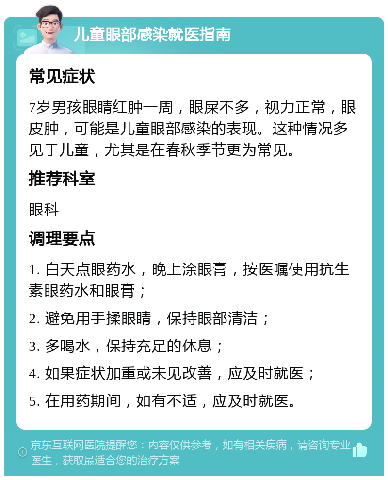 儿童眼部感染就医指南 常见症状 7岁男孩眼睛红肿一周，眼屎不多，视力正常，眼皮肿，可能是儿童眼部感染的表现。这种情况多见于儿童，尤其是在春秋季节更为常见。 推荐科室 眼科 调理要点 1. 白天点眼药水，晚上涂眼膏，按医嘱使用抗生素眼药水和眼膏； 2. 避免用手揉眼睛，保持眼部清洁； 3. 多喝水，保持充足的休息； 4. 如果症状加重或未见改善，应及时就医； 5. 在用药期间，如有不适，应及时就医。