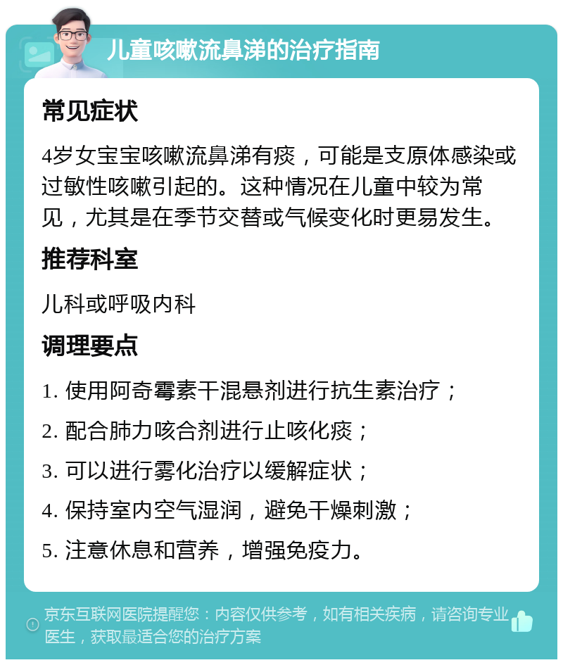 儿童咳嗽流鼻涕的治疗指南 常见症状 4岁女宝宝咳嗽流鼻涕有痰，可能是支原体感染或过敏性咳嗽引起的。这种情况在儿童中较为常见，尤其是在季节交替或气候变化时更易发生。 推荐科室 儿科或呼吸内科 调理要点 1. 使用阿奇霉素干混悬剂进行抗生素治疗； 2. 配合肺力咳合剂进行止咳化痰； 3. 可以进行雾化治疗以缓解症状； 4. 保持室内空气湿润，避免干燥刺激； 5. 注意休息和营养，增强免疫力。