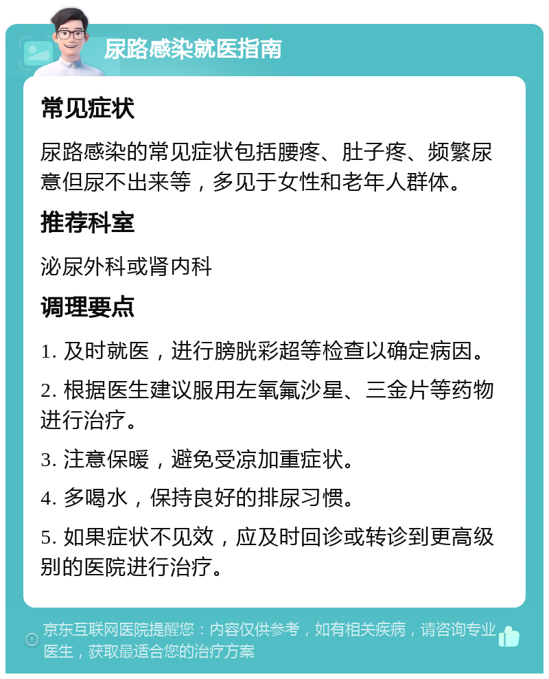 尿路感染就医指南 常见症状 尿路感染的常见症状包括腰疼、肚子疼、频繁尿意但尿不出来等，多见于女性和老年人群体。 推荐科室 泌尿外科或肾内科 调理要点 1. 及时就医，进行膀胱彩超等检查以确定病因。 2. 根据医生建议服用左氧氟沙星、三金片等药物进行治疗。 3. 注意保暖，避免受凉加重症状。 4. 多喝水，保持良好的排尿习惯。 5. 如果症状不见效，应及时回诊或转诊到更高级别的医院进行治疗。