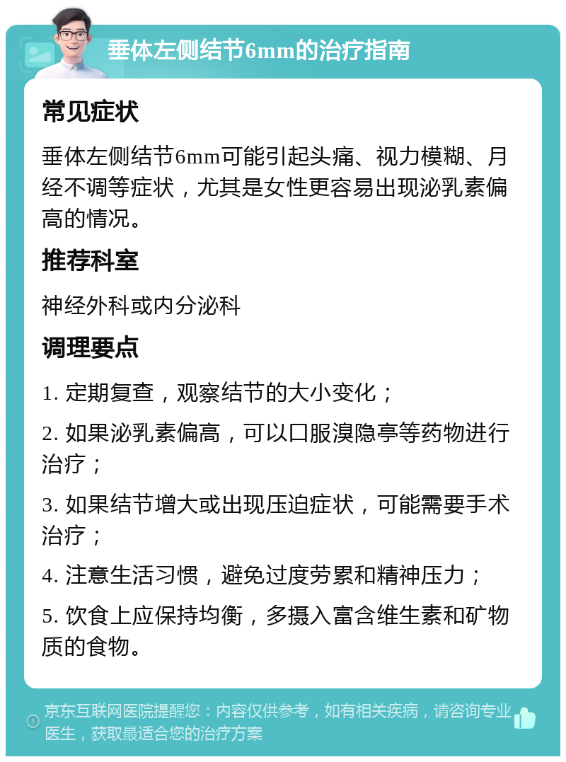 垂体左侧结节6mm的治疗指南 常见症状 垂体左侧结节6mm可能引起头痛、视力模糊、月经不调等症状，尤其是女性更容易出现泌乳素偏高的情况。 推荐科室 神经外科或内分泌科 调理要点 1. 定期复查，观察结节的大小变化； 2. 如果泌乳素偏高，可以口服溴隐亭等药物进行治疗； 3. 如果结节增大或出现压迫症状，可能需要手术治疗； 4. 注意生活习惯，避免过度劳累和精神压力； 5. 饮食上应保持均衡，多摄入富含维生素和矿物质的食物。