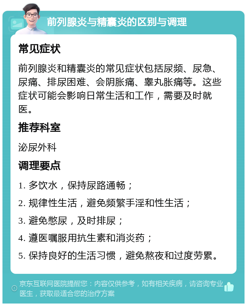 前列腺炎与精囊炎的区别与调理 常见症状 前列腺炎和精囊炎的常见症状包括尿频、尿急、尿痛、排尿困难、会阴胀痛、睾丸胀痛等。这些症状可能会影响日常生活和工作，需要及时就医。 推荐科室 泌尿外科 调理要点 1. 多饮水，保持尿路通畅； 2. 规律性生活，避免频繁手淫和性生活； 3. 避免憋尿，及时排尿； 4. 遵医嘱服用抗生素和消炎药； 5. 保持良好的生活习惯，避免熬夜和过度劳累。