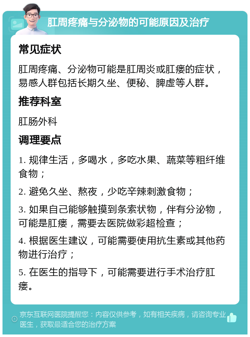 肛周疼痛与分泌物的可能原因及治疗 常见症状 肛周疼痛、分泌物可能是肛周炎或肛瘘的症状，易感人群包括长期久坐、便秘、脾虚等人群。 推荐科室 肛肠外科 调理要点 1. 规律生活，多喝水，多吃水果、蔬菜等粗纤维食物； 2. 避免久坐、熬夜，少吃辛辣刺激食物； 3. 如果自己能够触摸到条索状物，伴有分泌物，可能是肛瘘，需要去医院做彩超检查； 4. 根据医生建议，可能需要使用抗生素或其他药物进行治疗； 5. 在医生的指导下，可能需要进行手术治疗肛瘘。