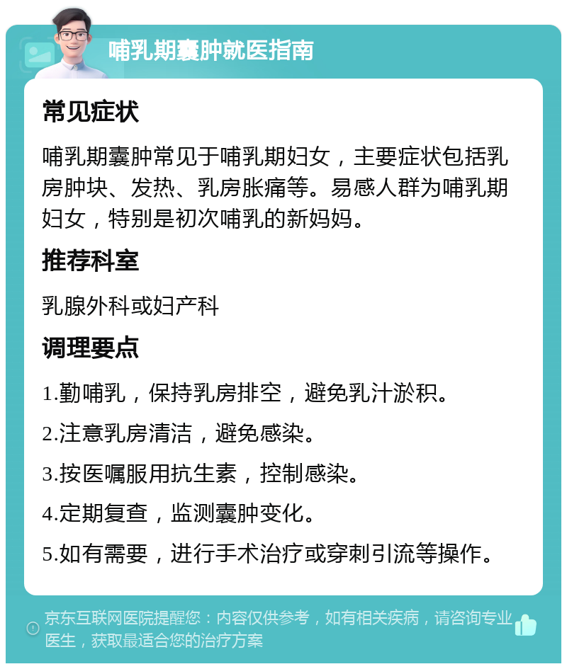 哺乳期囊肿就医指南 常见症状 哺乳期囊肿常见于哺乳期妇女，主要症状包括乳房肿块、发热、乳房胀痛等。易感人群为哺乳期妇女，特别是初次哺乳的新妈妈。 推荐科室 乳腺外科或妇产科 调理要点 1.勤哺乳，保持乳房排空，避免乳汁淤积。 2.注意乳房清洁，避免感染。 3.按医嘱服用抗生素，控制感染。 4.定期复查，监测囊肿变化。 5.如有需要，进行手术治疗或穿刺引流等操作。