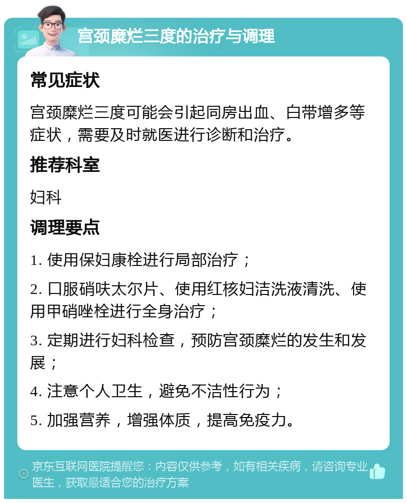 宫颈糜烂三度的治疗与调理 常见症状 宫颈糜烂三度可能会引起同房出血、白带增多等症状，需要及时就医进行诊断和治疗。 推荐科室 妇科 调理要点 1. 使用保妇康栓进行局部治疗； 2. 口服硝呋太尔片、使用红核妇洁洗液清洗、使用甲硝唑栓进行全身治疗； 3. 定期进行妇科检查，预防宫颈糜烂的发生和发展； 4. 注意个人卫生，避免不洁性行为； 5. 加强营养，增强体质，提高免疫力。