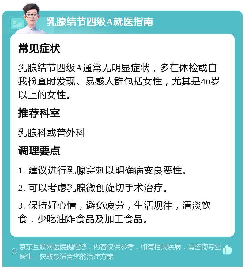 乳腺结节四级A就医指南 常见症状 乳腺结节四级A通常无明显症状，多在体检或自我检查时发现。易感人群包括女性，尤其是40岁以上的女性。 推荐科室 乳腺科或普外科 调理要点 1. 建议进行乳腺穿刺以明确病变良恶性。 2. 可以考虑乳腺微创旋切手术治疗。 3. 保持好心情，避免疲劳，生活规律，清淡饮食，少吃油炸食品及加工食品。