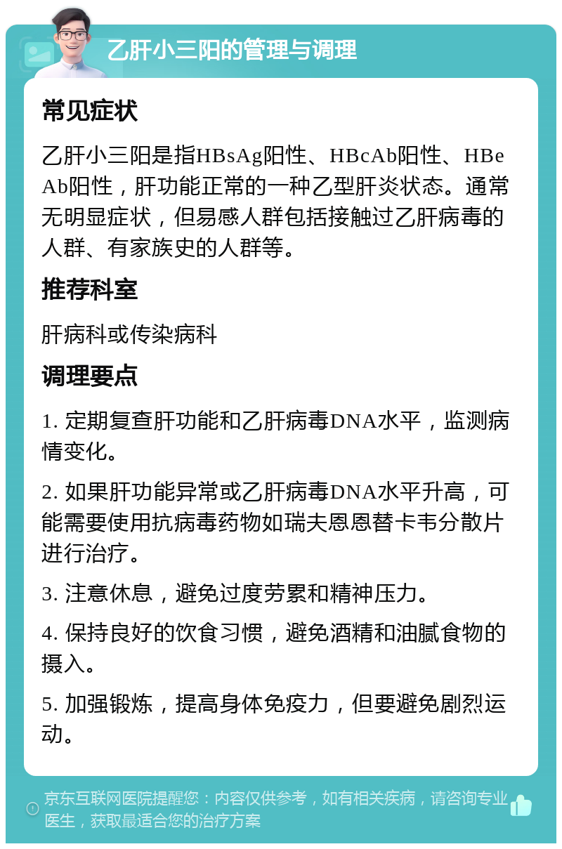 乙肝小三阳的管理与调理 常见症状 乙肝小三阳是指HBsAg阳性、HBcAb阳性、HBeAb阳性，肝功能正常的一种乙型肝炎状态。通常无明显症状，但易感人群包括接触过乙肝病毒的人群、有家族史的人群等。 推荐科室 肝病科或传染病科 调理要点 1. 定期复查肝功能和乙肝病毒DNA水平，监测病情变化。 2. 如果肝功能异常或乙肝病毒DNA水平升高，可能需要使用抗病毒药物如瑞夫恩恩替卡韦分散片进行治疗。 3. 注意休息，避免过度劳累和精神压力。 4. 保持良好的饮食习惯，避免酒精和油腻食物的摄入。 5. 加强锻炼，提高身体免疫力，但要避免剧烈运动。