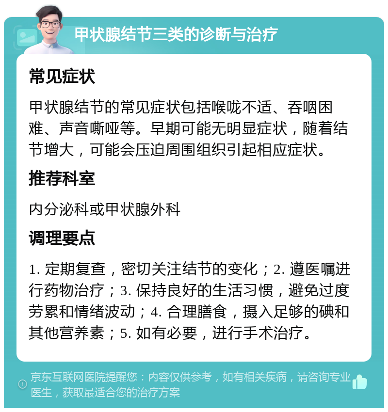 甲状腺结节三类的诊断与治疗 常见症状 甲状腺结节的常见症状包括喉咙不适、吞咽困难、声音嘶哑等。早期可能无明显症状，随着结节增大，可能会压迫周围组织引起相应症状。 推荐科室 内分泌科或甲状腺外科 调理要点 1. 定期复查，密切关注结节的变化；2. 遵医嘱进行药物治疗；3. 保持良好的生活习惯，避免过度劳累和情绪波动；4. 合理膳食，摄入足够的碘和其他营养素；5. 如有必要，进行手术治疗。