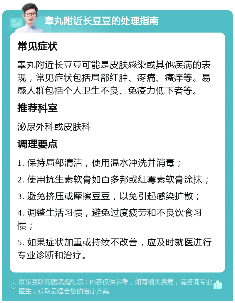 睾丸附近长豆豆的处理指南 常见症状 睾丸附近长豆豆可能是皮肤感染或其他疾病的表现，常见症状包括局部红肿、疼痛、瘙痒等。易感人群包括个人卫生不良、免疫力低下者等。 推荐科室 泌尿外科或皮肤科 调理要点 1. 保持局部清洁，使用温水冲洗并消毒； 2. 使用抗生素软膏如百多邦或红霉素软膏涂抹； 3. 避免挤压或摩擦豆豆，以免引起感染扩散； 4. 调整生活习惯，避免过度疲劳和不良饮食习惯； 5. 如果症状加重或持续不改善，应及时就医进行专业诊断和治疗。