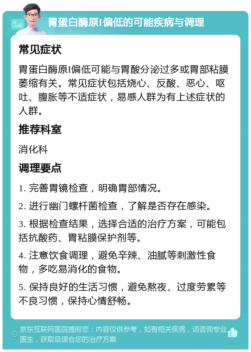 胃蛋白酶原I偏低的可能疾病与调理 常见症状 胃蛋白酶原I偏低可能与胃酸分泌过多或胃部粘膜萎缩有关。常见症状包括烧心、反酸、恶心、呕吐、腹胀等不适症状，易感人群为有上述症状的人群。 推荐科室 消化科 调理要点 1. 完善胃镜检查，明确胃部情况。 2. 进行幽门螺杆菌检查，了解是否存在感染。 3. 根据检查结果，选择合适的治疗方案，可能包括抗酸药、胃粘膜保护剂等。 4. 注意饮食调理，避免辛辣、油腻等刺激性食物，多吃易消化的食物。 5. 保持良好的生活习惯，避免熬夜、过度劳累等不良习惯，保持心情舒畅。