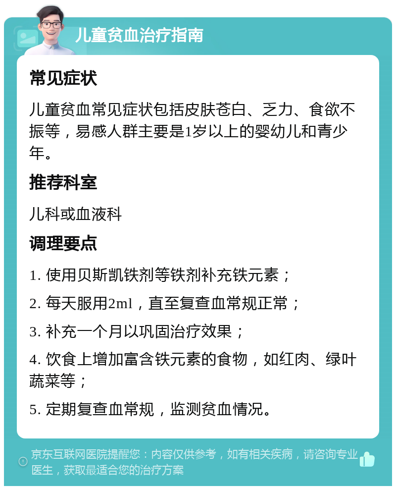 儿童贫血治疗指南 常见症状 儿童贫血常见症状包括皮肤苍白、乏力、食欲不振等，易感人群主要是1岁以上的婴幼儿和青少年。 推荐科室 儿科或血液科 调理要点 1. 使用贝斯凯铁剂等铁剂补充铁元素； 2. 每天服用2ml，直至复查血常规正常； 3. 补充一个月以巩固治疗效果； 4. 饮食上增加富含铁元素的食物，如红肉、绿叶蔬菜等； 5. 定期复查血常规，监测贫血情况。