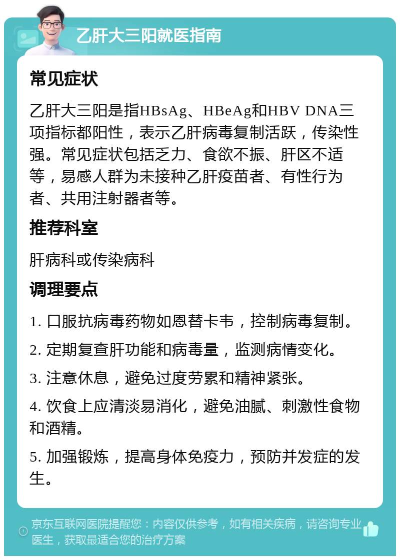 乙肝大三阳就医指南 常见症状 乙肝大三阳是指HBsAg、HBeAg和HBV DNA三项指标都阳性，表示乙肝病毒复制活跃，传染性强。常见症状包括乏力、食欲不振、肝区不适等，易感人群为未接种乙肝疫苗者、有性行为者、共用注射器者等。 推荐科室 肝病科或传染病科 调理要点 1. 口服抗病毒药物如恩替卡韦，控制病毒复制。 2. 定期复查肝功能和病毒量，监测病情变化。 3. 注意休息，避免过度劳累和精神紧张。 4. 饮食上应清淡易消化，避免油腻、刺激性食物和酒精。 5. 加强锻炼，提高身体免疫力，预防并发症的发生。