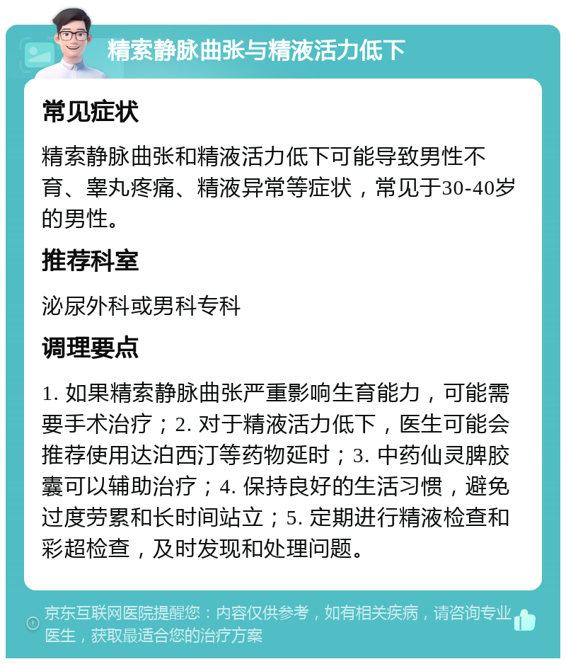 精索静脉曲张与精液活力低下 常见症状 精索静脉曲张和精液活力低下可能导致男性不育、睾丸疼痛、精液异常等症状，常见于30-40岁的男性。 推荐科室 泌尿外科或男科专科 调理要点 1. 如果精索静脉曲张严重影响生育能力，可能需要手术治疗；2. 对于精液活力低下，医生可能会推荐使用达泊西汀等药物延时；3. 中药仙灵脾胶囊可以辅助治疗；4. 保持良好的生活习惯，避免过度劳累和长时间站立；5. 定期进行精液检查和彩超检查，及时发现和处理问题。