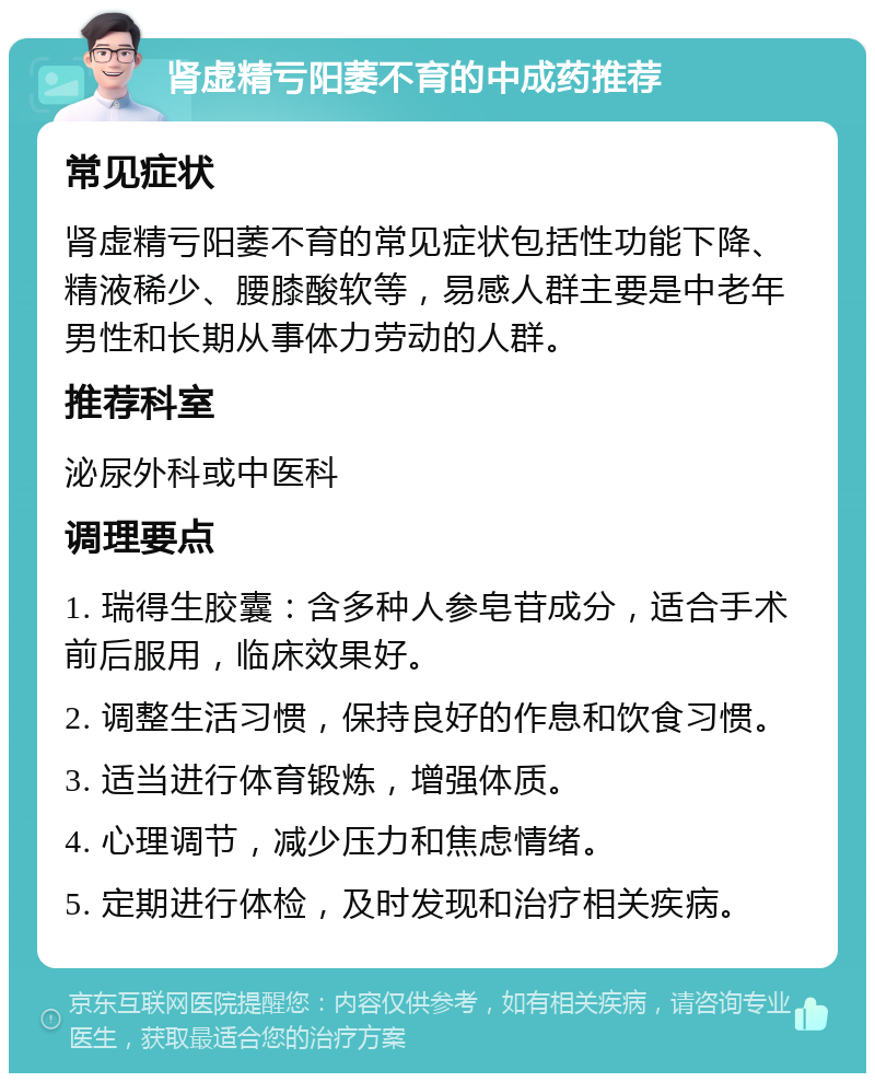 肾虚精亏阳萎不育的中成药推荐 常见症状 肾虚精亏阳萎不育的常见症状包括性功能下降、精液稀少、腰膝酸软等，易感人群主要是中老年男性和长期从事体力劳动的人群。 推荐科室 泌尿外科或中医科 调理要点 1. 瑞得生胶囊：含多种人参皂苷成分，适合手术前后服用，临床效果好。 2. 调整生活习惯，保持良好的作息和饮食习惯。 3. 适当进行体育锻炼，增强体质。 4. 心理调节，减少压力和焦虑情绪。 5. 定期进行体检，及时发现和治疗相关疾病。