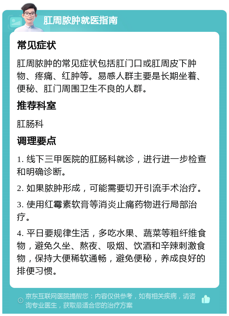 肛周脓肿就医指南 常见症状 肛周脓肿的常见症状包括肛门口或肛周皮下肿物、疼痛、红肿等。易感人群主要是长期坐着、便秘、肛门周围卫生不良的人群。 推荐科室 肛肠科 调理要点 1. 线下三甲医院的肛肠科就诊，进行进一步检查和明确诊断。 2. 如果脓肿形成，可能需要切开引流手术治疗。 3. 使用红霉素软膏等消炎止痛药物进行局部治疗。 4. 平日要规律生活，多吃水果、蔬菜等粗纤维食物，避免久坐、熬夜、吸烟、饮酒和辛辣刺激食物，保持大便稀软通畅，避免便秘，养成良好的排便习惯。