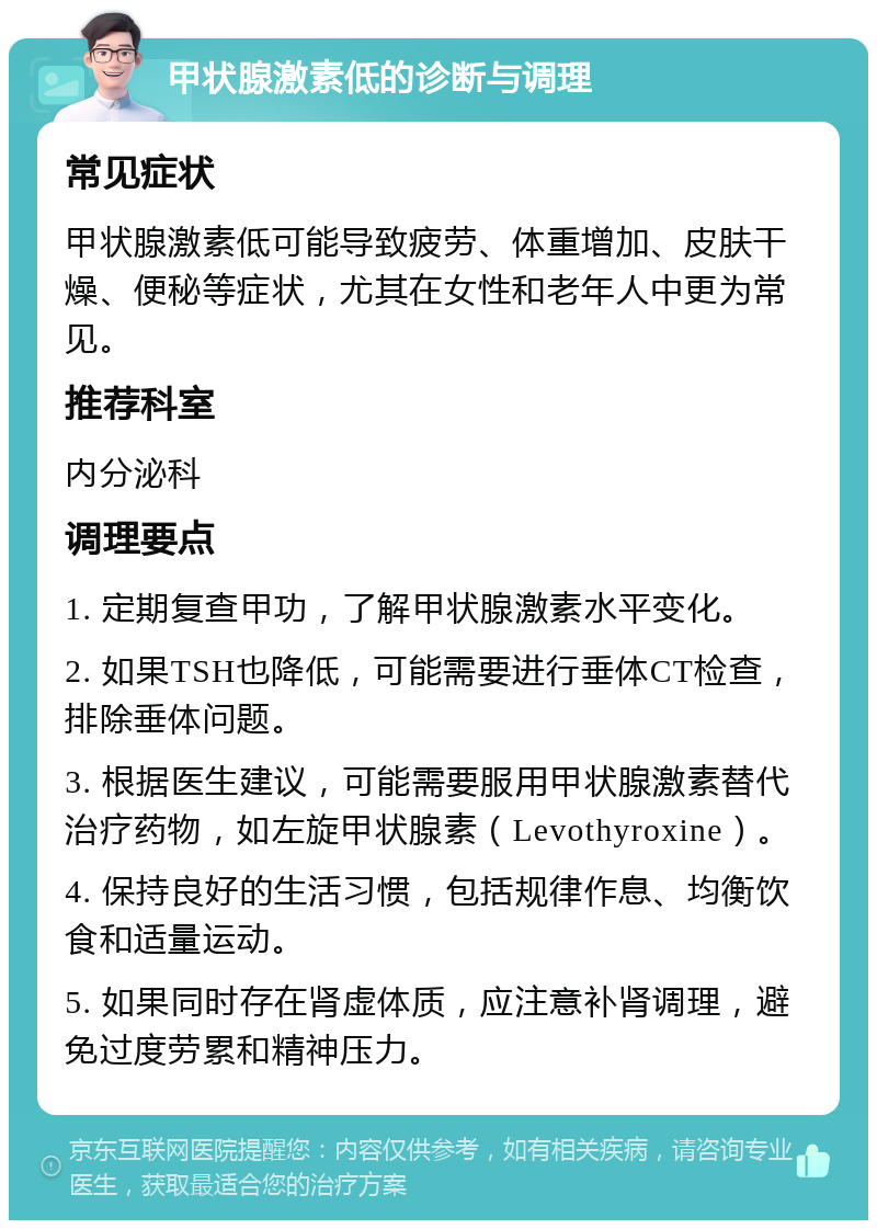 甲状腺激素低的诊断与调理 常见症状 甲状腺激素低可能导致疲劳、体重增加、皮肤干燥、便秘等症状，尤其在女性和老年人中更为常见。 推荐科室 内分泌科 调理要点 1. 定期复查甲功，了解甲状腺激素水平变化。 2. 如果TSH也降低，可能需要进行垂体CT检查，排除垂体问题。 3. 根据医生建议，可能需要服用甲状腺激素替代治疗药物，如左旋甲状腺素（Levothyroxine）。 4. 保持良好的生活习惯，包括规律作息、均衡饮食和适量运动。 5. 如果同时存在肾虚体质，应注意补肾调理，避免过度劳累和精神压力。