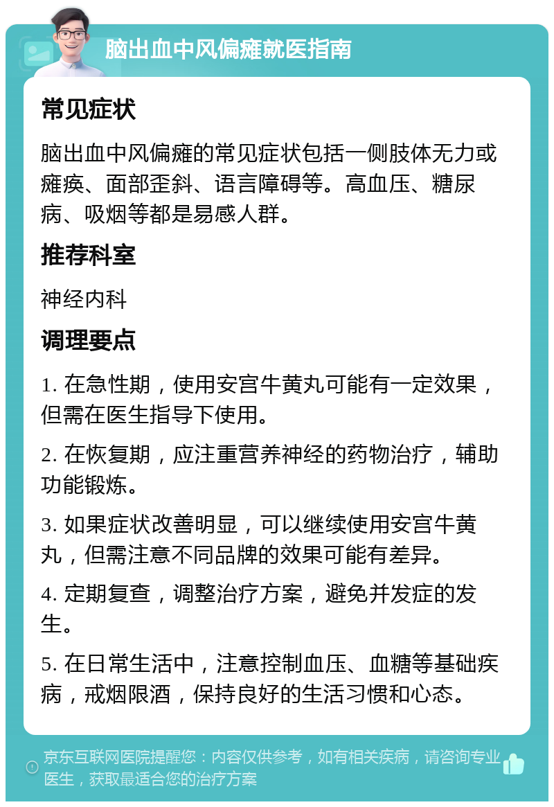 脑出血中风偏瘫就医指南 常见症状 脑出血中风偏瘫的常见症状包括一侧肢体无力或瘫痪、面部歪斜、语言障碍等。高血压、糖尿病、吸烟等都是易感人群。 推荐科室 神经内科 调理要点 1. 在急性期，使用安宫牛黄丸可能有一定效果，但需在医生指导下使用。 2. 在恢复期，应注重营养神经的药物治疗，辅助功能锻炼。 3. 如果症状改善明显，可以继续使用安宫牛黄丸，但需注意不同品牌的效果可能有差异。 4. 定期复查，调整治疗方案，避免并发症的发生。 5. 在日常生活中，注意控制血压、血糖等基础疾病，戒烟限酒，保持良好的生活习惯和心态。