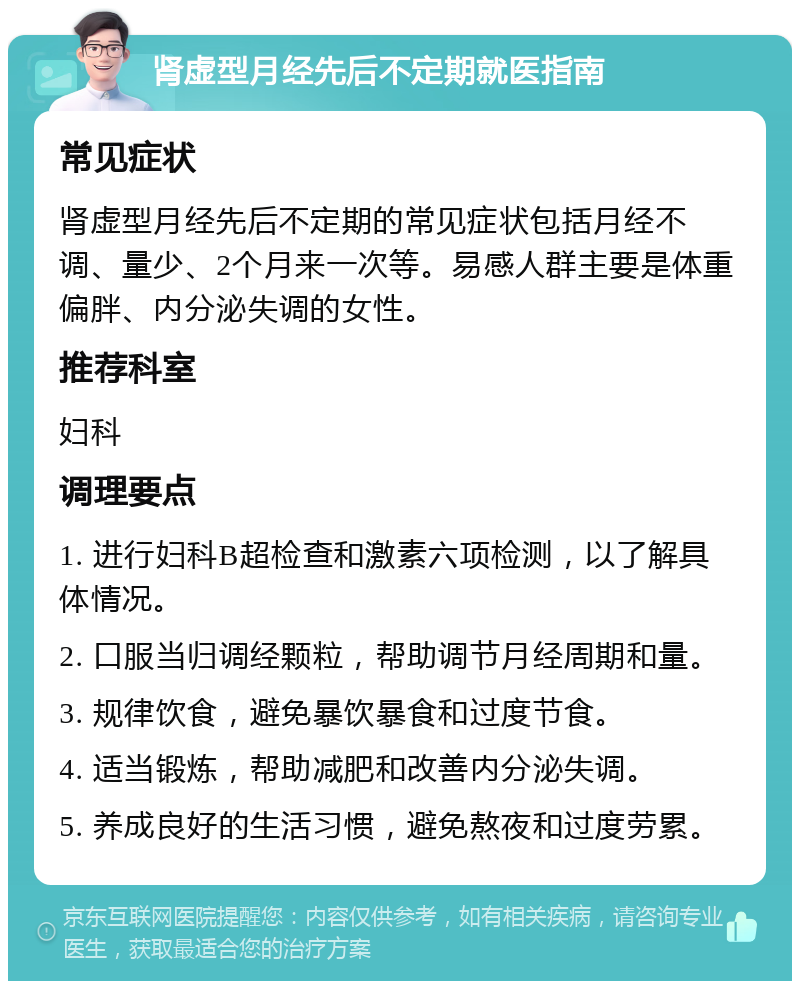 肾虚型月经先后不定期就医指南 常见症状 肾虚型月经先后不定期的常见症状包括月经不调、量少、2个月来一次等。易感人群主要是体重偏胖、内分泌失调的女性。 推荐科室 妇科 调理要点 1. 进行妇科B超检查和激素六项检测，以了解具体情况。 2. 口服当归调经颗粒，帮助调节月经周期和量。 3. 规律饮食，避免暴饮暴食和过度节食。 4. 适当锻炼，帮助减肥和改善内分泌失调。 5. 养成良好的生活习惯，避免熬夜和过度劳累。