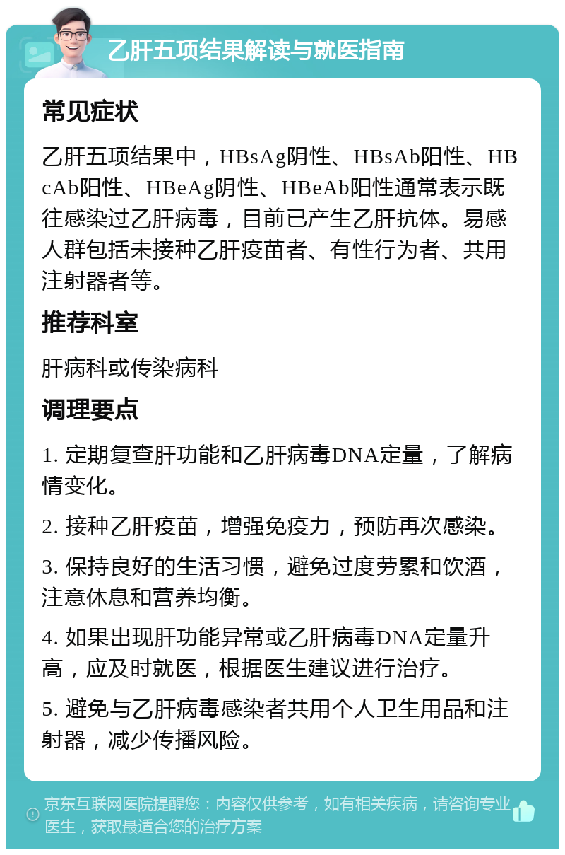 乙肝五项结果解读与就医指南 常见症状 乙肝五项结果中，HBsAg阴性、HBsAb阳性、HBcAb阳性、HBeAg阴性、HBeAb阳性通常表示既往感染过乙肝病毒，目前已产生乙肝抗体。易感人群包括未接种乙肝疫苗者、有性行为者、共用注射器者等。 推荐科室 肝病科或传染病科 调理要点 1. 定期复查肝功能和乙肝病毒DNA定量，了解病情变化。 2. 接种乙肝疫苗，增强免疫力，预防再次感染。 3. 保持良好的生活习惯，避免过度劳累和饮酒，注意休息和营养均衡。 4. 如果出现肝功能异常或乙肝病毒DNA定量升高，应及时就医，根据医生建议进行治疗。 5. 避免与乙肝病毒感染者共用个人卫生用品和注射器，减少传播风险。