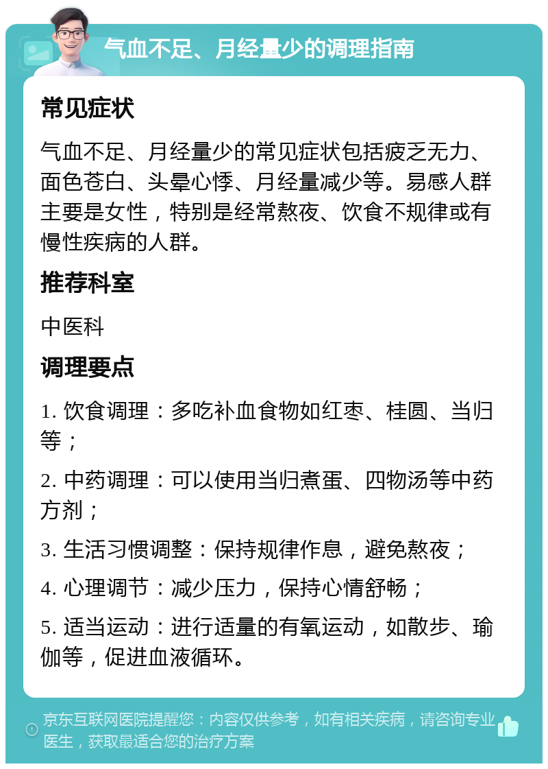 气血不足、月经量少的调理指南 常见症状 气血不足、月经量少的常见症状包括疲乏无力、面色苍白、头晕心悸、月经量减少等。易感人群主要是女性，特别是经常熬夜、饮食不规律或有慢性疾病的人群。 推荐科室 中医科 调理要点 1. 饮食调理：多吃补血食物如红枣、桂圆、当归等； 2. 中药调理：可以使用当归煮蛋、四物汤等中药方剂； 3. 生活习惯调整：保持规律作息，避免熬夜； 4. 心理调节：减少压力，保持心情舒畅； 5. 适当运动：进行适量的有氧运动，如散步、瑜伽等，促进血液循环。