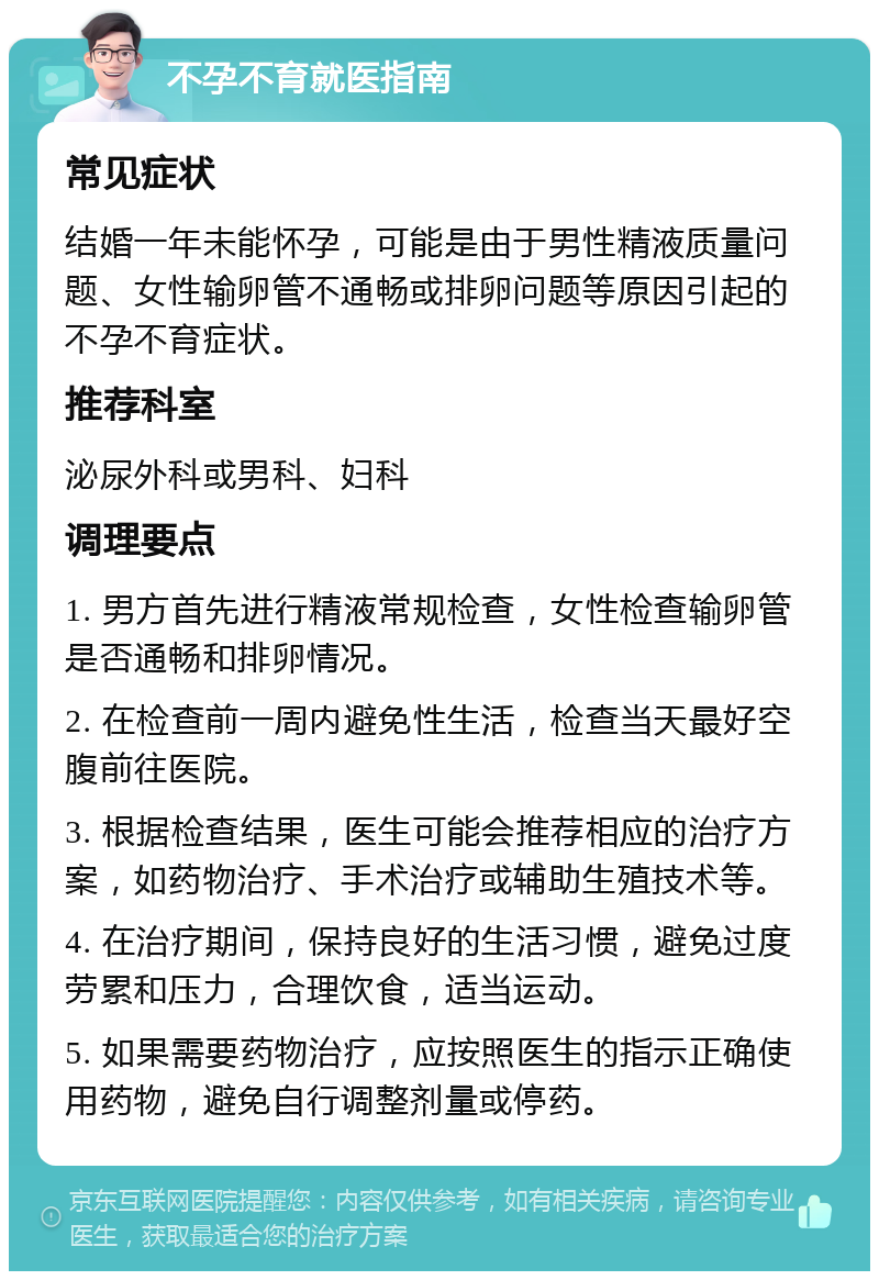 不孕不育就医指南 常见症状 结婚一年未能怀孕，可能是由于男性精液质量问题、女性输卵管不通畅或排卵问题等原因引起的不孕不育症状。 推荐科室 泌尿外科或男科、妇科 调理要点 1. 男方首先进行精液常规检查，女性检查输卵管是否通畅和排卵情况。 2. 在检查前一周内避免性生活，检查当天最好空腹前往医院。 3. 根据检查结果，医生可能会推荐相应的治疗方案，如药物治疗、手术治疗或辅助生殖技术等。 4. 在治疗期间，保持良好的生活习惯，避免过度劳累和压力，合理饮食，适当运动。 5. 如果需要药物治疗，应按照医生的指示正确使用药物，避免自行调整剂量或停药。