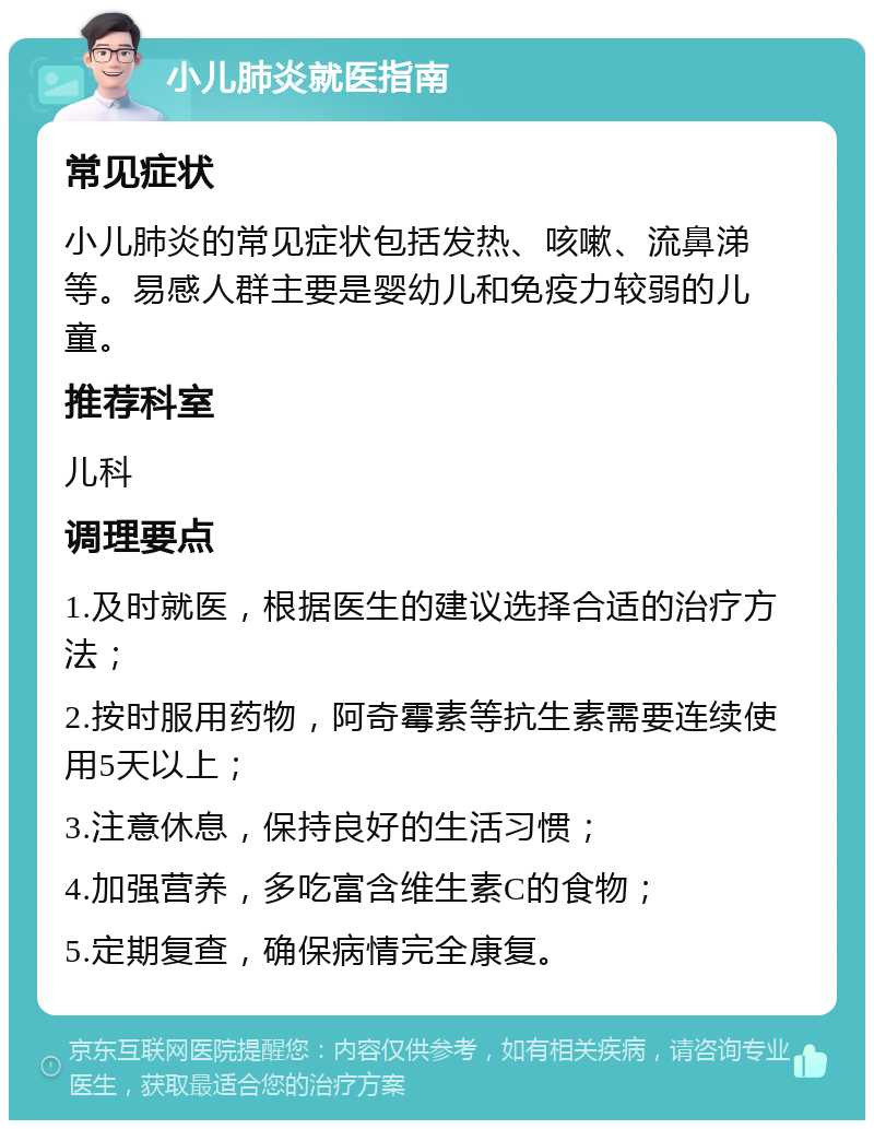 小儿肺炎就医指南 常见症状 小儿肺炎的常见症状包括发热、咳嗽、流鼻涕等。易感人群主要是婴幼儿和免疫力较弱的儿童。 推荐科室 儿科 调理要点 1.及时就医，根据医生的建议选择合适的治疗方法； 2.按时服用药物，阿奇霉素等抗生素需要连续使用5天以上； 3.注意休息，保持良好的生活习惯； 4.加强营养，多吃富含维生素C的食物； 5.定期复查，确保病情完全康复。