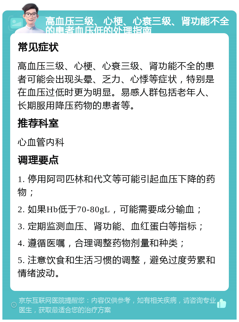 高血压三级、心梗、心衰三级、肾功能不全的患者血压低的处理指南 常见症状 高血压三级、心梗、心衰三级、肾功能不全的患者可能会出现头晕、乏力、心悸等症状，特别是在血压过低时更为明显。易感人群包括老年人、长期服用降压药物的患者等。 推荐科室 心血管内科 调理要点 1. 停用阿司匹林和代文等可能引起血压下降的药物； 2. 如果Hb低于70-80gL，可能需要成分输血； 3. 定期监测血压、肾功能、血红蛋白等指标； 4. 遵循医嘱，合理调整药物剂量和种类； 5. 注意饮食和生活习惯的调整，避免过度劳累和情绪波动。