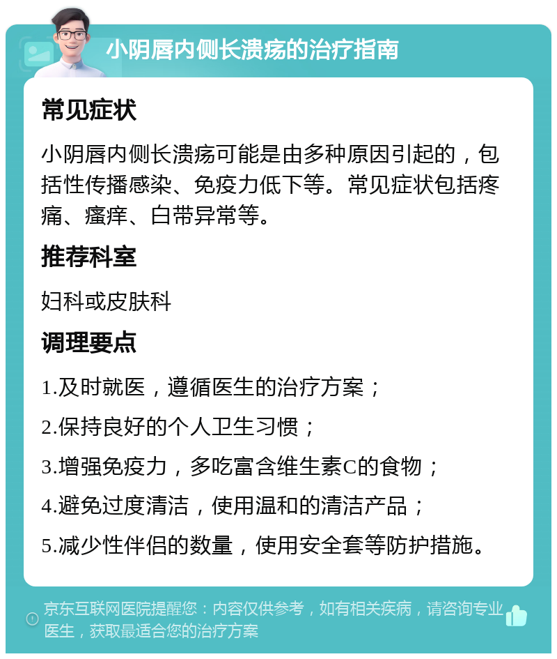 小阴唇内侧长溃疡的治疗指南 常见症状 小阴唇内侧长溃疡可能是由多种原因引起的，包括性传播感染、免疫力低下等。常见症状包括疼痛、瘙痒、白带异常等。 推荐科室 妇科或皮肤科 调理要点 1.及时就医，遵循医生的治疗方案； 2.保持良好的个人卫生习惯； 3.增强免疫力，多吃富含维生素C的食物； 4.避免过度清洁，使用温和的清洁产品； 5.减少性伴侣的数量，使用安全套等防护措施。