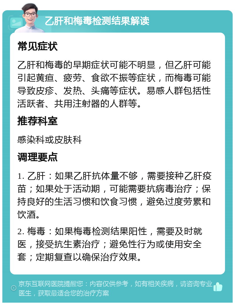 乙肝和梅毒检测结果解读 常见症状 乙肝和梅毒的早期症状可能不明显，但乙肝可能引起黄疸、疲劳、食欲不振等症状，而梅毒可能导致皮疹、发热、头痛等症状。易感人群包括性活跃者、共用注射器的人群等。 推荐科室 感染科或皮肤科 调理要点 1. 乙肝：如果乙肝抗体量不够，需要接种乙肝疫苗；如果处于活动期，可能需要抗病毒治疗；保持良好的生活习惯和饮食习惯，避免过度劳累和饮酒。 2. 梅毒：如果梅毒检测结果阳性，需要及时就医，接受抗生素治疗；避免性行为或使用安全套；定期复查以确保治疗效果。