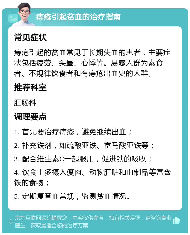 痔疮引起贫血的治疗指南 常见症状 痔疮引起的贫血常见于长期失血的患者，主要症状包括疲劳、头晕、心悸等。易感人群为素食者、不规律饮食者和有痔疮出血史的人群。 推荐科室 肛肠科 调理要点 1. 首先要治疗痔疮，避免继续出血； 2. 补充铁剂，如硫酸亚铁、富马酸亚铁等； 3. 配合维生素C一起服用，促进铁的吸收； 4. 饮食上多摄入瘦肉、动物肝脏和血制品等富含铁的食物； 5. 定期复查血常规，监测贫血情况。