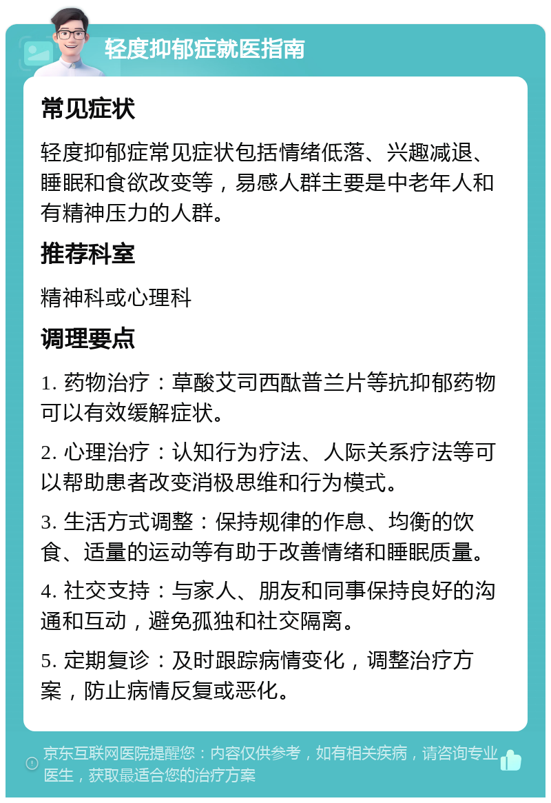 轻度抑郁症就医指南 常见症状 轻度抑郁症常见症状包括情绪低落、兴趣减退、睡眠和食欲改变等，易感人群主要是中老年人和有精神压力的人群。 推荐科室 精神科或心理科 调理要点 1. 药物治疗：草酸艾司西酞普兰片等抗抑郁药物可以有效缓解症状。 2. 心理治疗：认知行为疗法、人际关系疗法等可以帮助患者改变消极思维和行为模式。 3. 生活方式调整：保持规律的作息、均衡的饮食、适量的运动等有助于改善情绪和睡眠质量。 4. 社交支持：与家人、朋友和同事保持良好的沟通和互动，避免孤独和社交隔离。 5. 定期复诊：及时跟踪病情变化，调整治疗方案，防止病情反复或恶化。