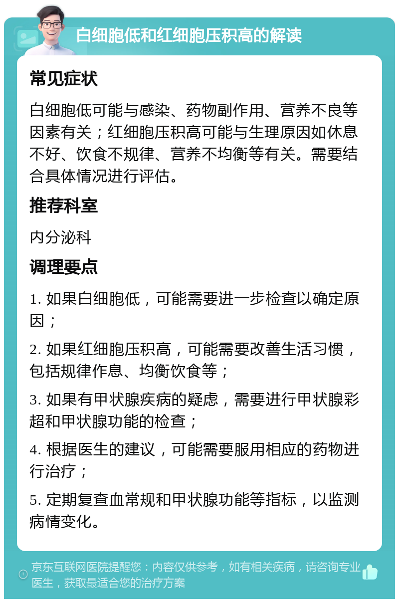 白细胞低和红细胞压积高的解读 常见症状 白细胞低可能与感染、药物副作用、营养不良等因素有关；红细胞压积高可能与生理原因如休息不好、饮食不规律、营养不均衡等有关。需要结合具体情况进行评估。 推荐科室 内分泌科 调理要点 1. 如果白细胞低，可能需要进一步检查以确定原因； 2. 如果红细胞压积高，可能需要改善生活习惯，包括规律作息、均衡饮食等； 3. 如果有甲状腺疾病的疑虑，需要进行甲状腺彩超和甲状腺功能的检查； 4. 根据医生的建议，可能需要服用相应的药物进行治疗； 5. 定期复查血常规和甲状腺功能等指标，以监测病情变化。