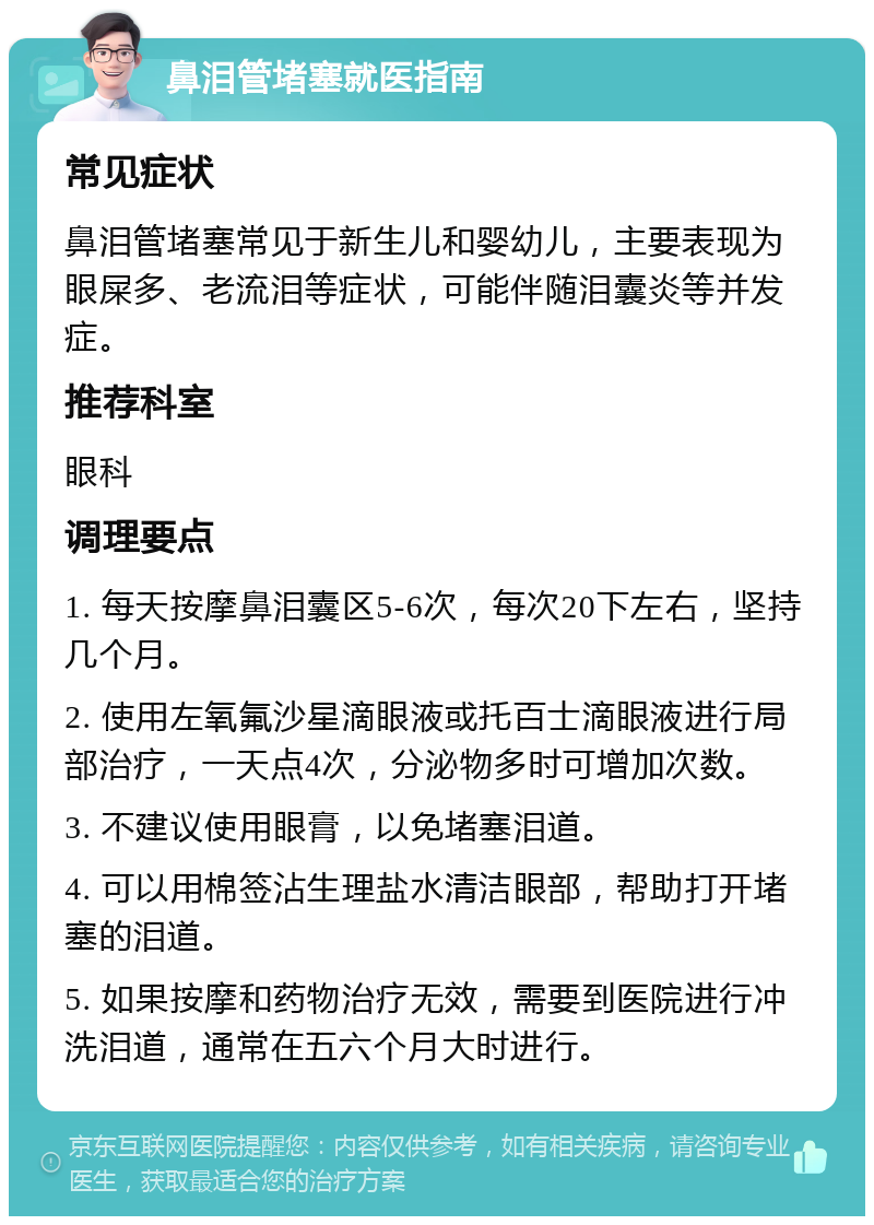 鼻泪管堵塞就医指南 常见症状 鼻泪管堵塞常见于新生儿和婴幼儿，主要表现为眼屎多、老流泪等症状，可能伴随泪囊炎等并发症。 推荐科室 眼科 调理要点 1. 每天按摩鼻泪囊区5-6次，每次20下左右，坚持几个月。 2. 使用左氧氟沙星滴眼液或托百士滴眼液进行局部治疗，一天点4次，分泌物多时可增加次数。 3. 不建议使用眼膏，以免堵塞泪道。 4. 可以用棉签沾生理盐水清洁眼部，帮助打开堵塞的泪道。 5. 如果按摩和药物治疗无效，需要到医院进行冲洗泪道，通常在五六个月大时进行。