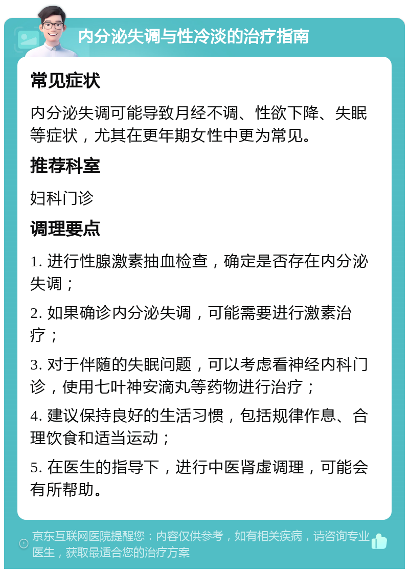 内分泌失调与性冷淡的治疗指南 常见症状 内分泌失调可能导致月经不调、性欲下降、失眠等症状，尤其在更年期女性中更为常见。 推荐科室 妇科门诊 调理要点 1. 进行性腺激素抽血检查，确定是否存在内分泌失调； 2. 如果确诊内分泌失调，可能需要进行激素治疗； 3. 对于伴随的失眠问题，可以考虑看神经内科门诊，使用七叶神安滴丸等药物进行治疗； 4. 建议保持良好的生活习惯，包括规律作息、合理饮食和适当运动； 5. 在医生的指导下，进行中医肾虚调理，可能会有所帮助。