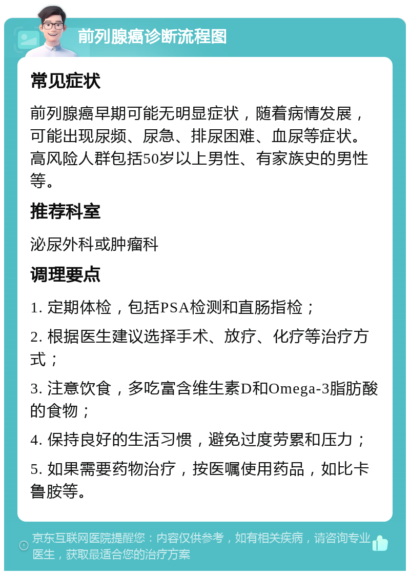 前列腺癌诊断流程图 常见症状 前列腺癌早期可能无明显症状，随着病情发展，可能出现尿频、尿急、排尿困难、血尿等症状。高风险人群包括50岁以上男性、有家族史的男性等。 推荐科室 泌尿外科或肿瘤科 调理要点 1. 定期体检，包括PSA检测和直肠指检； 2. 根据医生建议选择手术、放疗、化疗等治疗方式； 3. 注意饮食，多吃富含维生素D和Omega-3脂肪酸的食物； 4. 保持良好的生活习惯，避免过度劳累和压力； 5. 如果需要药物治疗，按医嘱使用药品，如比卡鲁胺等。