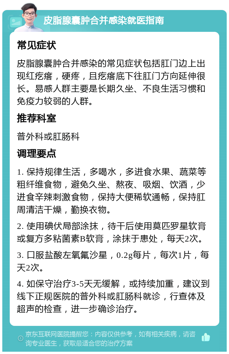 皮脂腺囊肿合并感染就医指南 常见症状 皮脂腺囊肿合并感染的常见症状包括肛门边上出现红疙瘩，硬疼，且疙瘩底下往肛门方向延伸很长。易感人群主要是长期久坐、不良生活习惯和免疫力较弱的人群。 推荐科室 普外科或肛肠科 调理要点 1. 保持规律生活，多喝水，多进食水果、蔬菜等粗纤维食物，避免久坐、熬夜、吸烟、饮酒，少进食辛辣刺激食物，保持大便稀软通畅，保持肛周清洁干燥，勤换衣物。 2. 使用碘伏局部涂抹，待干后使用莫匹罗星软膏或复方多粘菌素B软膏，涂抹于患处，每天2次。 3. 口服盐酸左氧氟沙星，0.2g每片，每次1片，每天2次。 4. 如保守治疗3-5天无缓解，或持续加重，建议到线下正规医院的普外科或肛肠科就诊，行查体及超声的检查，进一步确诊治疗。