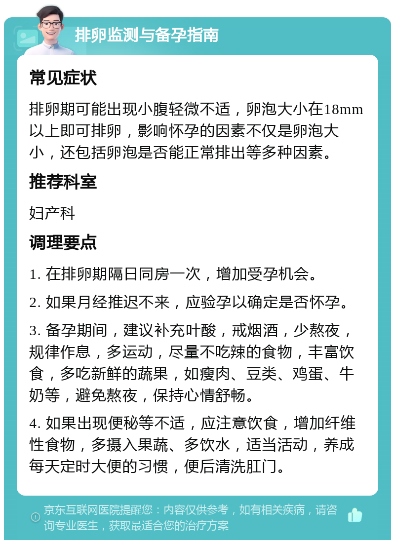 排卵监测与备孕指南 常见症状 排卵期可能出现小腹轻微不适，卵泡大小在18mm以上即可排卵，影响怀孕的因素不仅是卵泡大小，还包括卵泡是否能正常排出等多种因素。 推荐科室 妇产科 调理要点 1. 在排卵期隔日同房一次，增加受孕机会。 2. 如果月经推迟不来，应验孕以确定是否怀孕。 3. 备孕期间，建议补充叶酸，戒烟酒，少熬夜，规律作息，多运动，尽量不吃辣的食物，丰富饮食，多吃新鲜的蔬果，如瘦肉、豆类、鸡蛋、牛奶等，避免熬夜，保持心情舒畅。 4. 如果出现便秘等不适，应注意饮食，增加纤维性食物，多摄入果蔬、多饮水，适当活动，养成每天定时大便的习惯，便后清洗肛门。