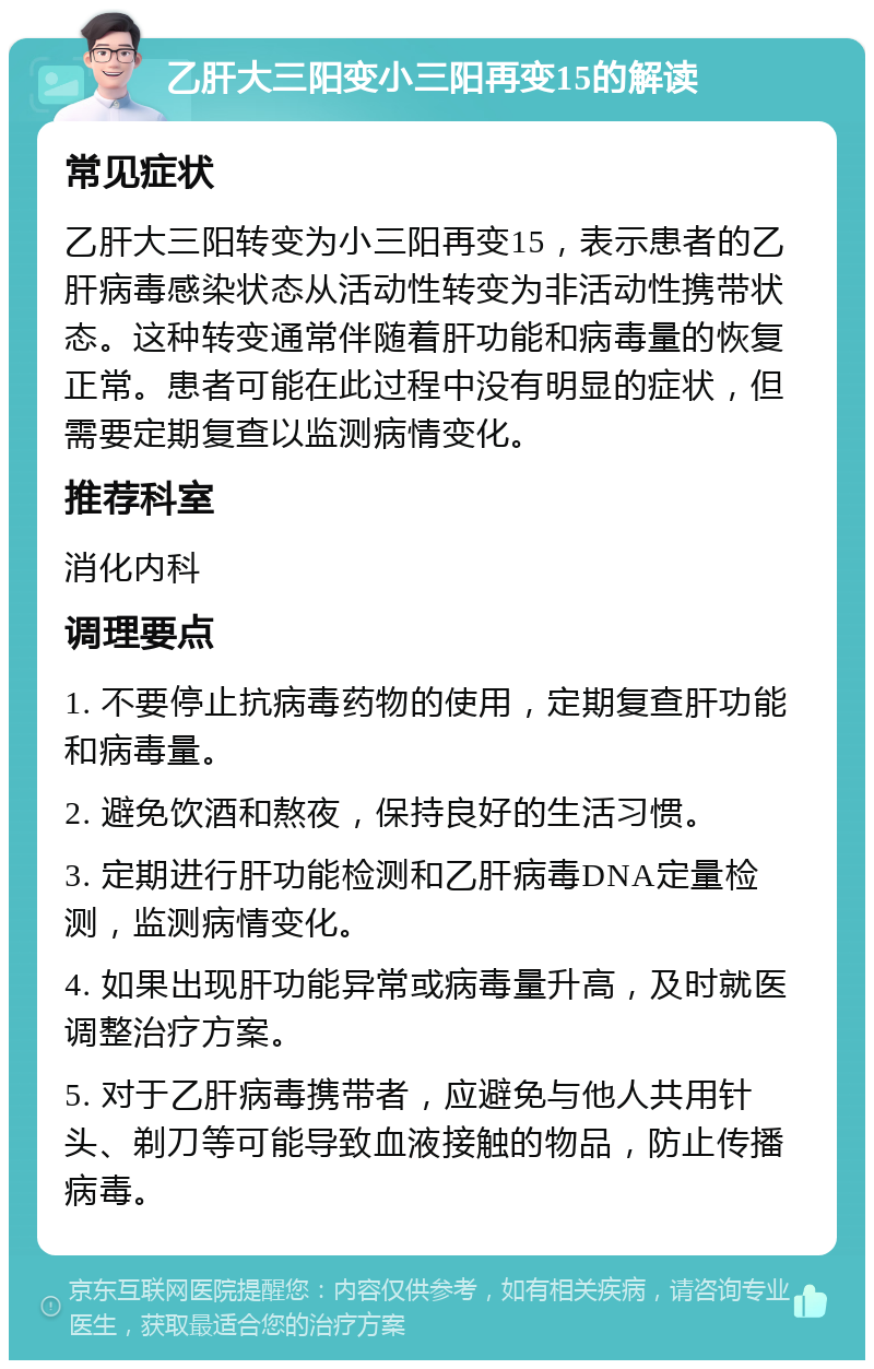 乙肝大三阳变小三阳再变15的解读 常见症状 乙肝大三阳转变为小三阳再变15，表示患者的乙肝病毒感染状态从活动性转变为非活动性携带状态。这种转变通常伴随着肝功能和病毒量的恢复正常。患者可能在此过程中没有明显的症状，但需要定期复查以监测病情变化。 推荐科室 消化内科 调理要点 1. 不要停止抗病毒药物的使用，定期复查肝功能和病毒量。 2. 避免饮酒和熬夜，保持良好的生活习惯。 3. 定期进行肝功能检测和乙肝病毒DNA定量检测，监测病情变化。 4. 如果出现肝功能异常或病毒量升高，及时就医调整治疗方案。 5. 对于乙肝病毒携带者，应避免与他人共用针头、剃刀等可能导致血液接触的物品，防止传播病毒。