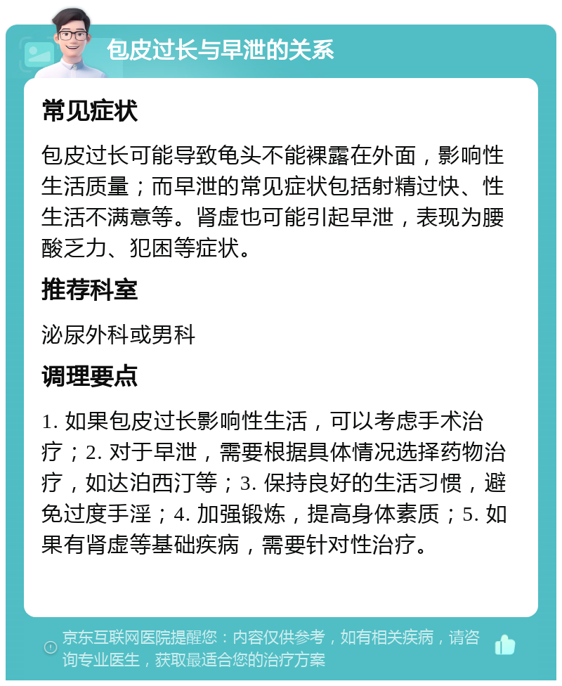 包皮过长与早泄的关系 常见症状 包皮过长可能导致龟头不能裸露在外面，影响性生活质量；而早泄的常见症状包括射精过快、性生活不满意等。肾虚也可能引起早泄，表现为腰酸乏力、犯困等症状。 推荐科室 泌尿外科或男科 调理要点 1. 如果包皮过长影响性生活，可以考虑手术治疗；2. 对于早泄，需要根据具体情况选择药物治疗，如达泊西汀等；3. 保持良好的生活习惯，避免过度手淫；4. 加强锻炼，提高身体素质；5. 如果有肾虚等基础疾病，需要针对性治疗。