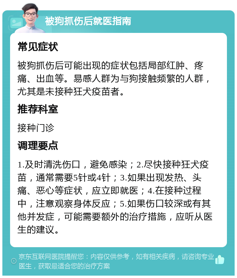 被狗抓伤后就医指南 常见症状 被狗抓伤后可能出现的症状包括局部红肿、疼痛、出血等。易感人群为与狗接触频繁的人群，尤其是未接种狂犬疫苗者。 推荐科室 接种门诊 调理要点 1.及时清洗伤口，避免感染；2.尽快接种狂犬疫苗，通常需要5针或4针；3.如果出现发热、头痛、恶心等症状，应立即就医；4.在接种过程中，注意观察身体反应；5.如果伤口较深或有其他并发症，可能需要额外的治疗措施，应听从医生的建议。