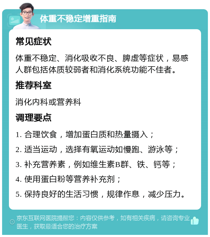 体重不稳定增重指南 常见症状 体重不稳定、消化吸收不良、脾虚等症状，易感人群包括体质较弱者和消化系统功能不佳者。 推荐科室 消化内科或营养科 调理要点 1. 合理饮食，增加蛋白质和热量摄入； 2. 适当运动，选择有氧运动如慢跑、游泳等； 3. 补充营养素，例如维生素B群、铁、钙等； 4. 使用蛋白粉等营养补充剂； 5. 保持良好的生活习惯，规律作息，减少压力。