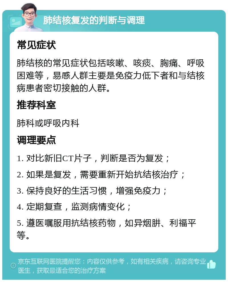 肺结核复发的判断与调理 常见症状 肺结核的常见症状包括咳嗽、咳痰、胸痛、呼吸困难等，易感人群主要是免疫力低下者和与结核病患者密切接触的人群。 推荐科室 肺科或呼吸内科 调理要点 1. 对比新旧CT片子，判断是否为复发； 2. 如果是复发，需要重新开始抗结核治疗； 3. 保持良好的生活习惯，增强免疫力； 4. 定期复查，监测病情变化； 5. 遵医嘱服用抗结核药物，如异烟肼、利福平等。