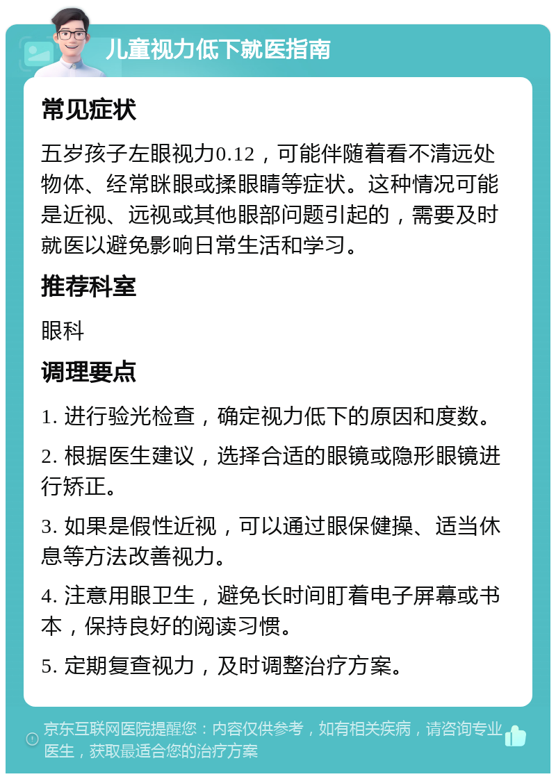 儿童视力低下就医指南 常见症状 五岁孩子左眼视力0.12，可能伴随着看不清远处物体、经常眯眼或揉眼睛等症状。这种情况可能是近视、远视或其他眼部问题引起的，需要及时就医以避免影响日常生活和学习。 推荐科室 眼科 调理要点 1. 进行验光检查，确定视力低下的原因和度数。 2. 根据医生建议，选择合适的眼镜或隐形眼镜进行矫正。 3. 如果是假性近视，可以通过眼保健操、适当休息等方法改善视力。 4. 注意用眼卫生，避免长时间盯着电子屏幕或书本，保持良好的阅读习惯。 5. 定期复查视力，及时调整治疗方案。