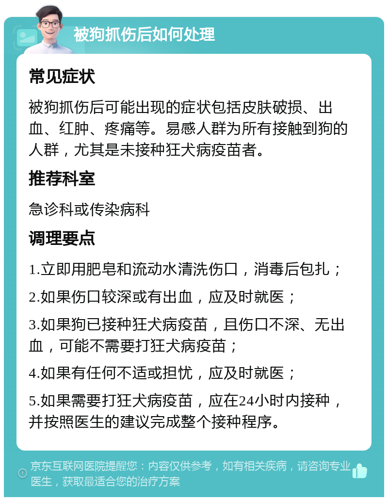 被狗抓伤后如何处理 常见症状 被狗抓伤后可能出现的症状包括皮肤破损、出血、红肿、疼痛等。易感人群为所有接触到狗的人群，尤其是未接种狂犬病疫苗者。 推荐科室 急诊科或传染病科 调理要点 1.立即用肥皂和流动水清洗伤口，消毒后包扎； 2.如果伤口较深或有出血，应及时就医； 3.如果狗已接种狂犬病疫苗，且伤口不深、无出血，可能不需要打狂犬病疫苗； 4.如果有任何不适或担忧，应及时就医； 5.如果需要打狂犬病疫苗，应在24小时内接种，并按照医生的建议完成整个接种程序。