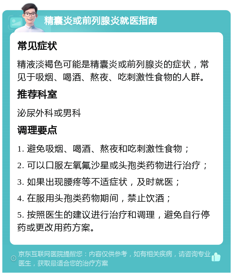 精囊炎或前列腺炎就医指南 常见症状 精液淡褐色可能是精囊炎或前列腺炎的症状，常见于吸烟、喝酒、熬夜、吃刺激性食物的人群。 推荐科室 泌尿外科或男科 调理要点 1. 避免吸烟、喝酒、熬夜和吃刺激性食物； 2. 可以口服左氧氟沙星或头孢类药物进行治疗； 3. 如果出现腰疼等不适症状，及时就医； 4. 在服用头孢类药物期间，禁止饮酒； 5. 按照医生的建议进行治疗和调理，避免自行停药或更改用药方案。