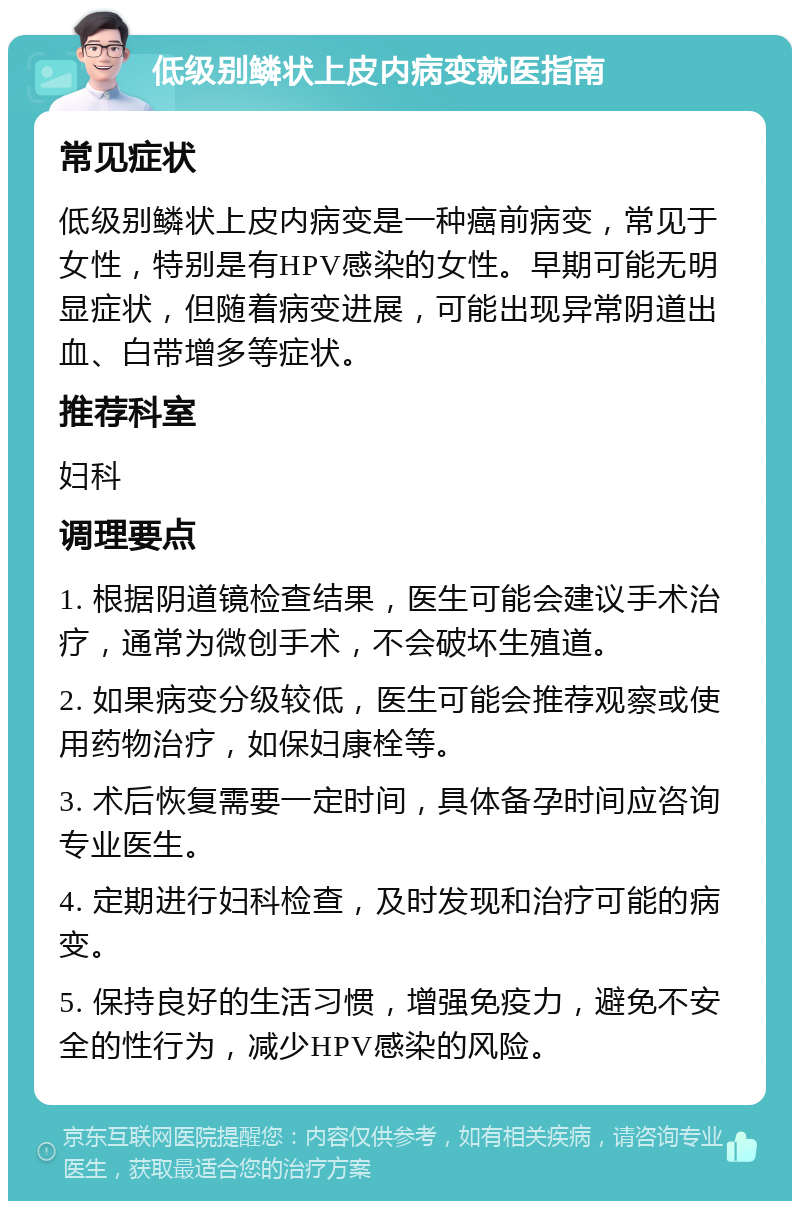 低级别鳞状上皮内病变就医指南 常见症状 低级别鳞状上皮内病变是一种癌前病变，常见于女性，特别是有HPV感染的女性。早期可能无明显症状，但随着病变进展，可能出现异常阴道出血、白带增多等症状。 推荐科室 妇科 调理要点 1. 根据阴道镜检查结果，医生可能会建议手术治疗，通常为微创手术，不会破坏生殖道。 2. 如果病变分级较低，医生可能会推荐观察或使用药物治疗，如保妇康栓等。 3. 术后恢复需要一定时间，具体备孕时间应咨询专业医生。 4. 定期进行妇科检查，及时发现和治疗可能的病变。 5. 保持良好的生活习惯，增强免疫力，避免不安全的性行为，减少HPV感染的风险。