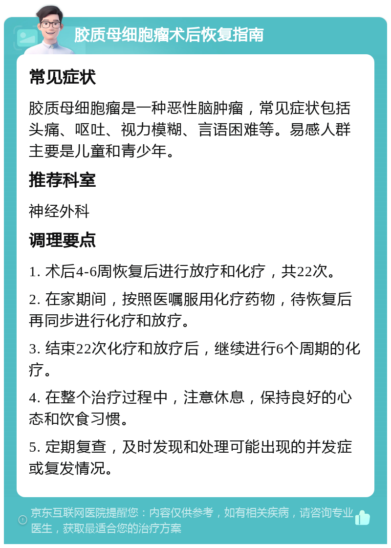 胶质母细胞瘤术后恢复指南 常见症状 胶质母细胞瘤是一种恶性脑肿瘤，常见症状包括头痛、呕吐、视力模糊、言语困难等。易感人群主要是儿童和青少年。 推荐科室 神经外科 调理要点 1. 术后4-6周恢复后进行放疗和化疗，共22次。 2. 在家期间，按照医嘱服用化疗药物，待恢复后再同步进行化疗和放疗。 3. 结束22次化疗和放疗后，继续进行6个周期的化疗。 4. 在整个治疗过程中，注意休息，保持良好的心态和饮食习惯。 5. 定期复查，及时发现和处理可能出现的并发症或复发情况。