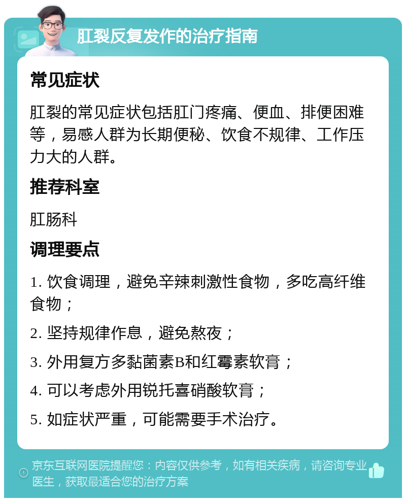 肛裂反复发作的治疗指南 常见症状 肛裂的常见症状包括肛门疼痛、便血、排便困难等，易感人群为长期便秘、饮食不规律、工作压力大的人群。 推荐科室 肛肠科 调理要点 1. 饮食调理，避免辛辣刺激性食物，多吃高纤维食物； 2. 坚持规律作息，避免熬夜； 3. 外用复方多黏菌素B和红霉素软膏； 4. 可以考虑外用锐托喜硝酸软膏； 5. 如症状严重，可能需要手术治疗。