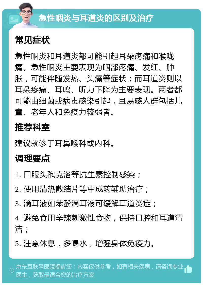 急性咽炎与耳道炎的区别及治疗 常见症状 急性咽炎和耳道炎都可能引起耳朵疼痛和喉咙痛。急性咽炎主要表现为咽部疼痛、发红、肿胀，可能伴随发热、头痛等症状；而耳道炎则以耳朵疼痛、耳鸣、听力下降为主要表现。两者都可能由细菌或病毒感染引起，且易感人群包括儿童、老年人和免疫力较弱者。 推荐科室 建议就诊于耳鼻喉科或内科。 调理要点 1. 口服头孢克洛等抗生素控制感染； 2. 使用清热散结片等中成药辅助治疗； 3. 滴耳液如苯酚滴耳液可缓解耳道炎症； 4. 避免食用辛辣刺激性食物，保持口腔和耳道清洁； 5. 注意休息，多喝水，增强身体免疫力。