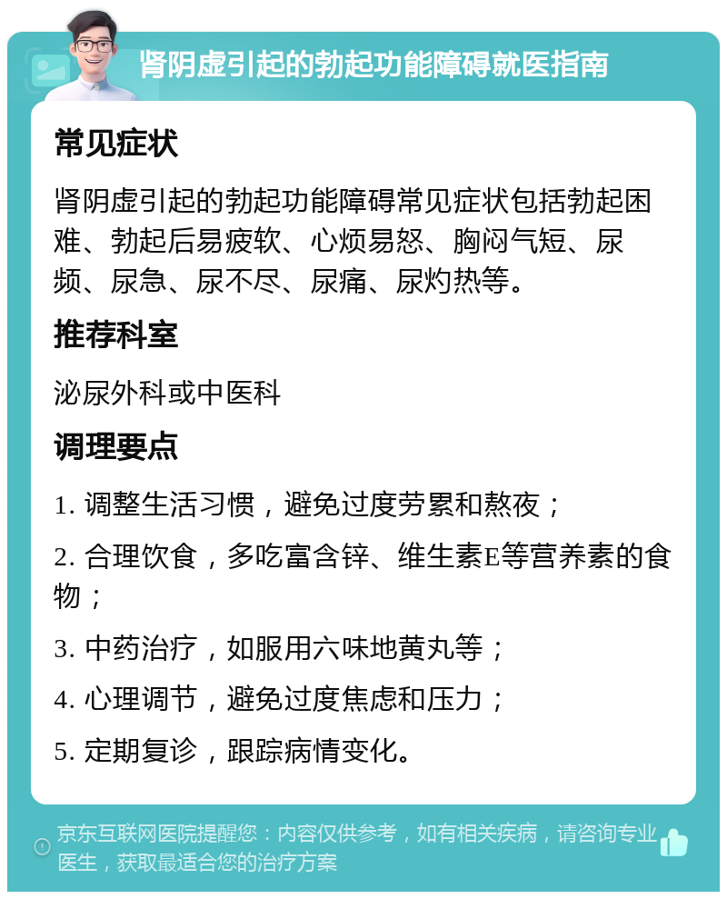 肾阴虚引起的勃起功能障碍就医指南 常见症状 肾阴虚引起的勃起功能障碍常见症状包括勃起困难、勃起后易疲软、心烦易怒、胸闷气短、尿频、尿急、尿不尽、尿痛、尿灼热等。 推荐科室 泌尿外科或中医科 调理要点 1. 调整生活习惯，避免过度劳累和熬夜； 2. 合理饮食，多吃富含锌、维生素E等营养素的食物； 3. 中药治疗，如服用六味地黄丸等； 4. 心理调节，避免过度焦虑和压力； 5. 定期复诊，跟踪病情变化。