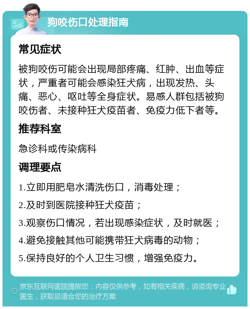 狗咬伤口处理指南 常见症状 被狗咬伤可能会出现局部疼痛、红肿、出血等症状，严重者可能会感染狂犬病，出现发热、头痛、恶心、呕吐等全身症状。易感人群包括被狗咬伤者、未接种狂犬疫苗者、免疫力低下者等。 推荐科室 急诊科或传染病科 调理要点 1.立即用肥皂水清洗伤口，消毒处理； 2.及时到医院接种狂犬疫苗； 3.观察伤口情况，若出现感染症状，及时就医； 4.避免接触其他可能携带狂犬病毒的动物； 5.保持良好的个人卫生习惯，增强免疫力。